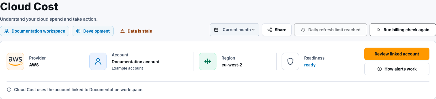Synthetic Cloud Cost provider, account, region, and readiness summary