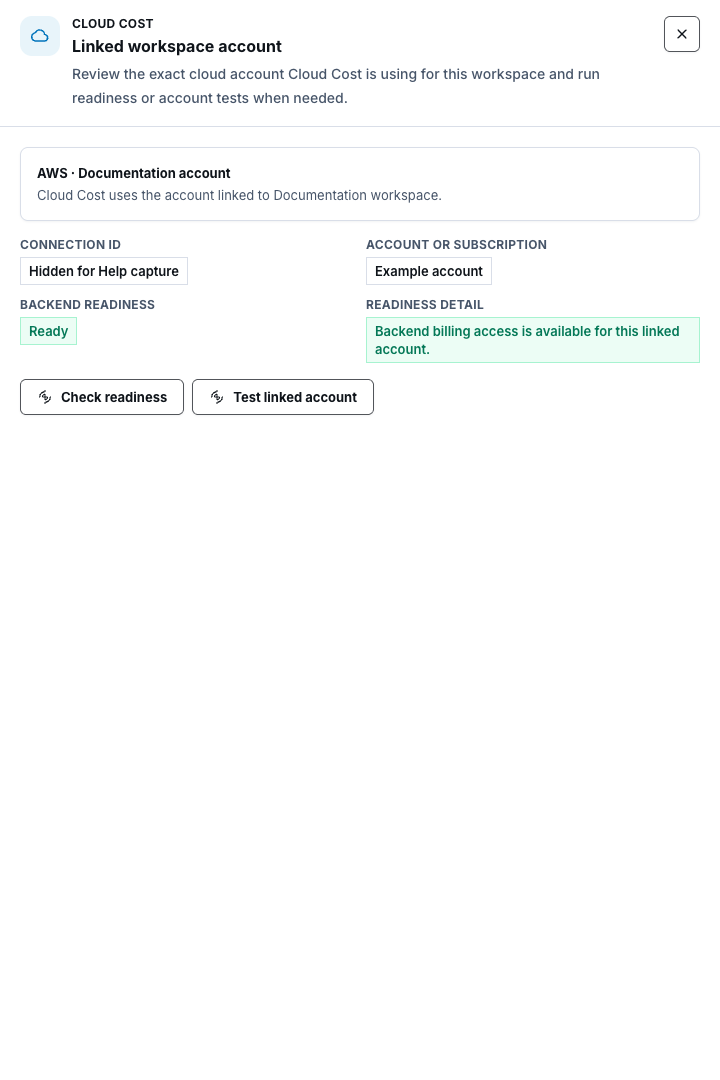 Synthetic linked workspace account drawer with bounded readiness and test controls