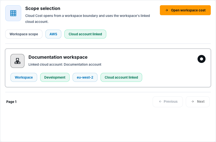 Synthetic Cloud Cost workspace selection with a linked cloud account and Open workspace cost control