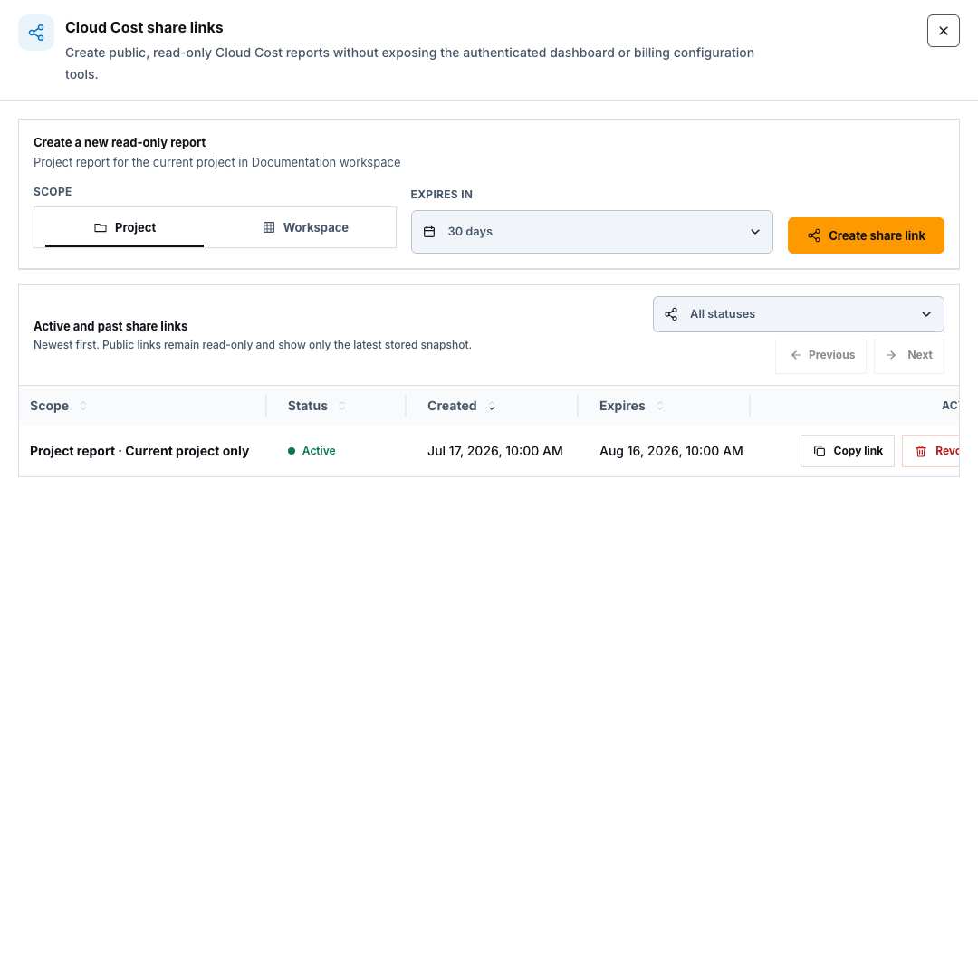 Cloud Cost share links manager with synthetic create and managed-link controls