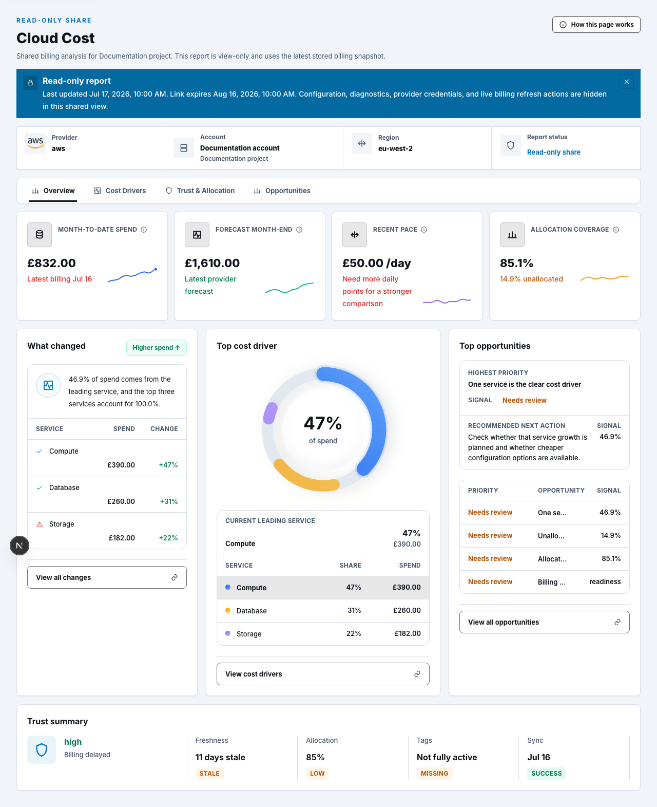 Synthetic public Cloud Cost report showing the read-only report status without an address bar