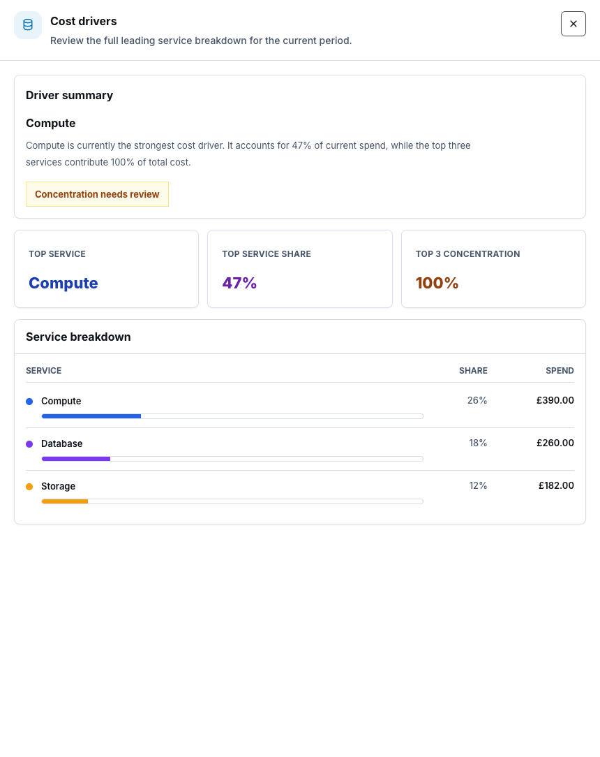 Synthetic public Cloud Cost evidence drawer showing read-only analysis details