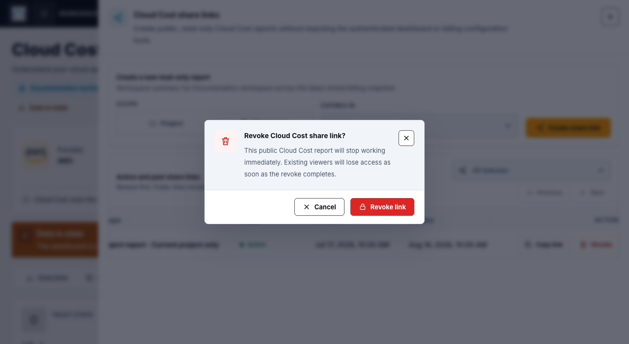 Synthetic Revoke Cloud Cost share link confirmation dialog