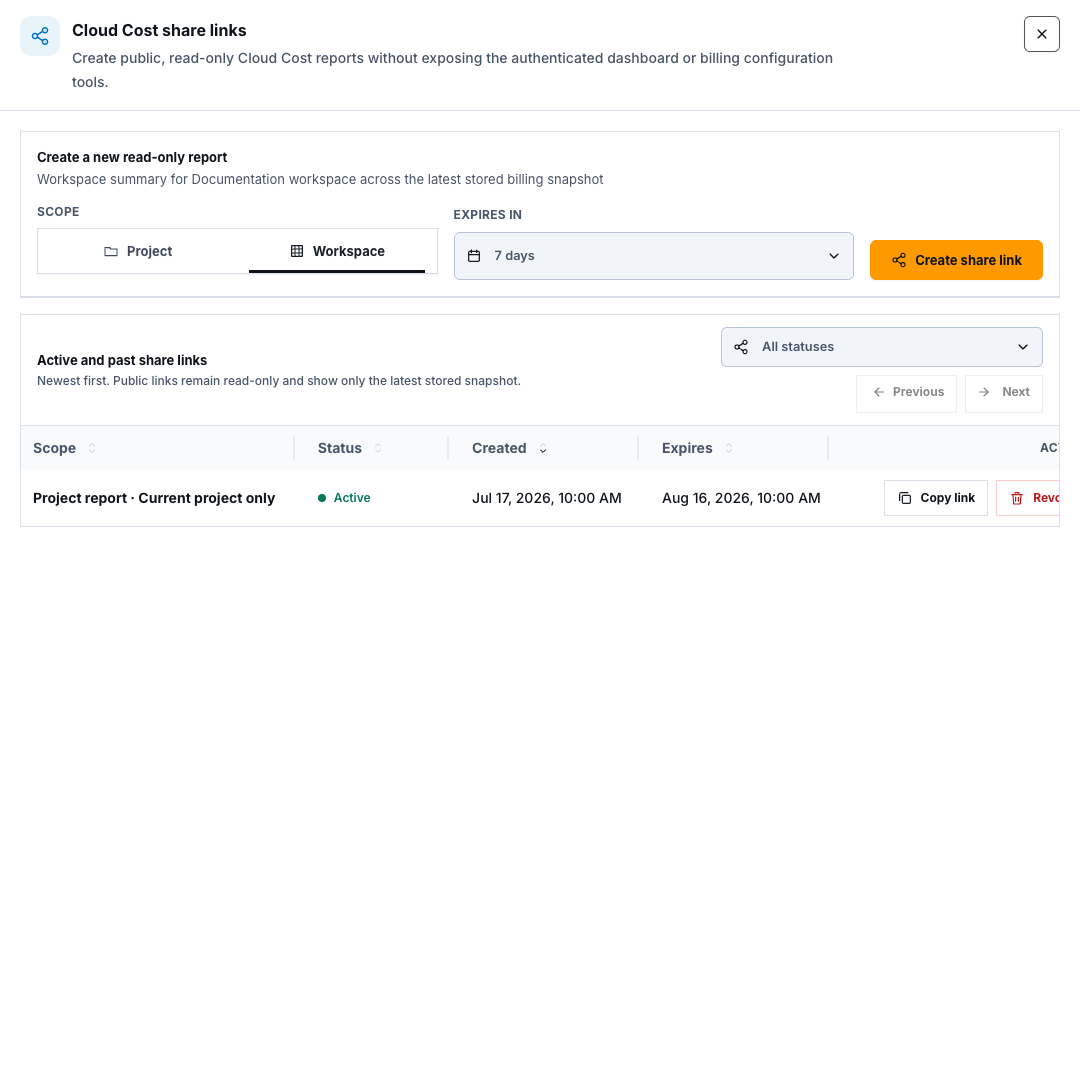 Cloud Cost share links manager with synthetic workspace scope and seven-day expiry selected