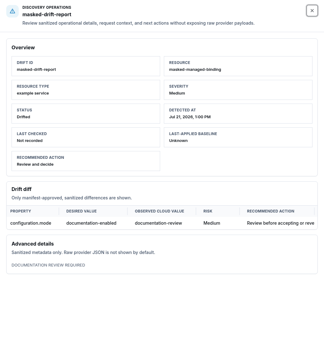Sanitized drift detail with medium severity, changed field, desired value, and observed cloud value.