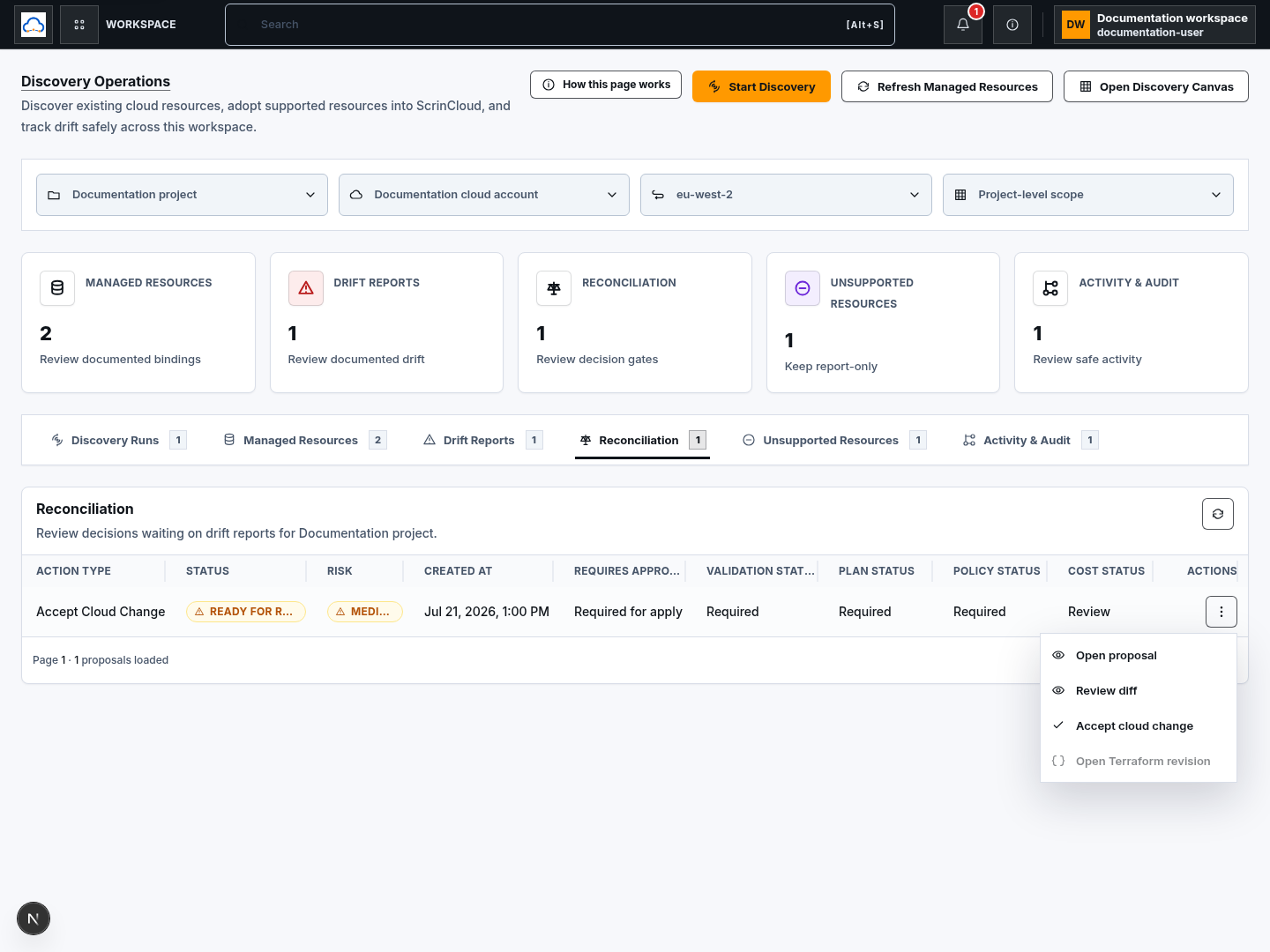 Documentation-only reconciliation proposal showing ready-for-review status and required approval, validation, plan, policy, and cost gates.