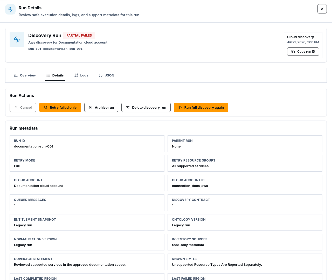 Partial synthetic Discovery Run drawer with retry, archive, delete, and rerun actions.