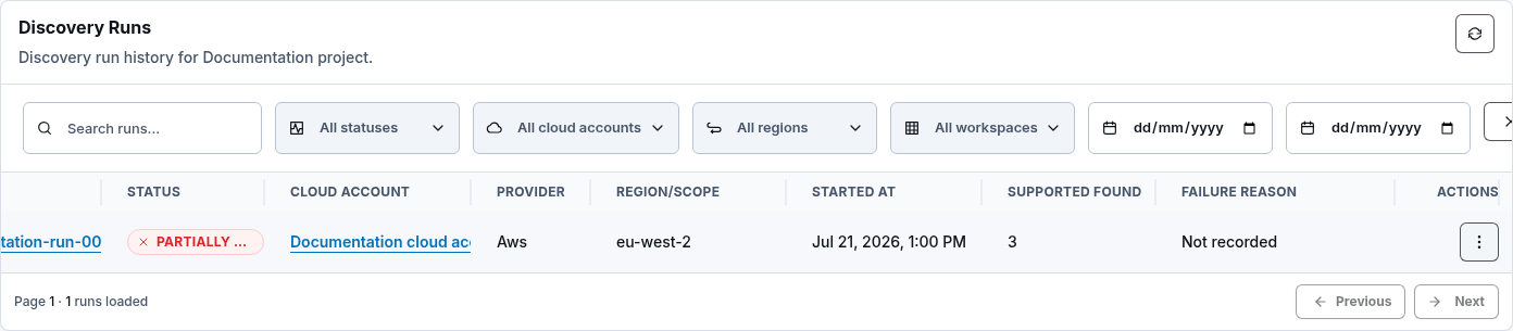 Discovery Runs with bounded filters, a partial synthetic result, pagination, and the row actions menu trigger.