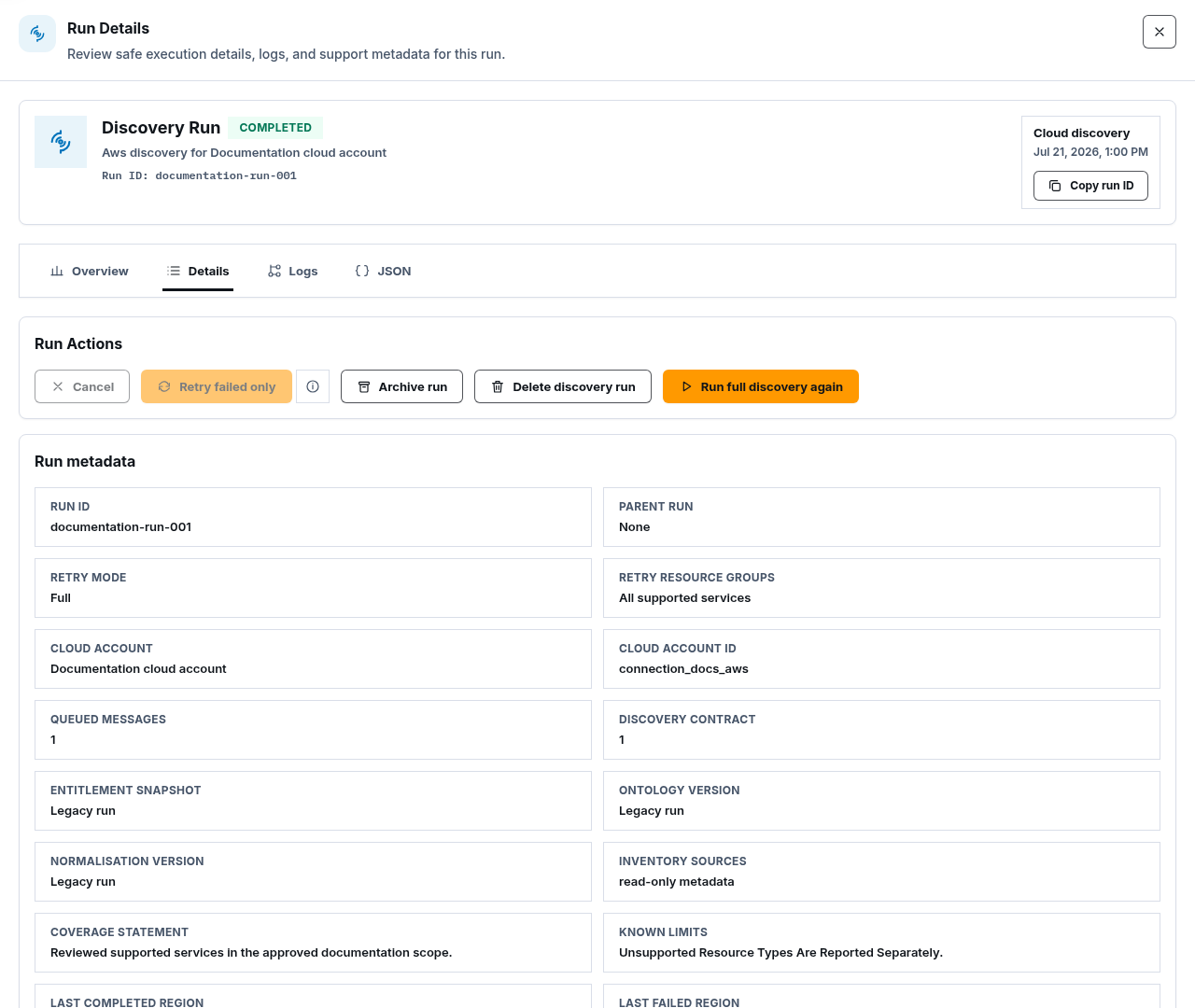Discovery Operations run drawer with sanitized scope, status, counts, coverage, and timeline.