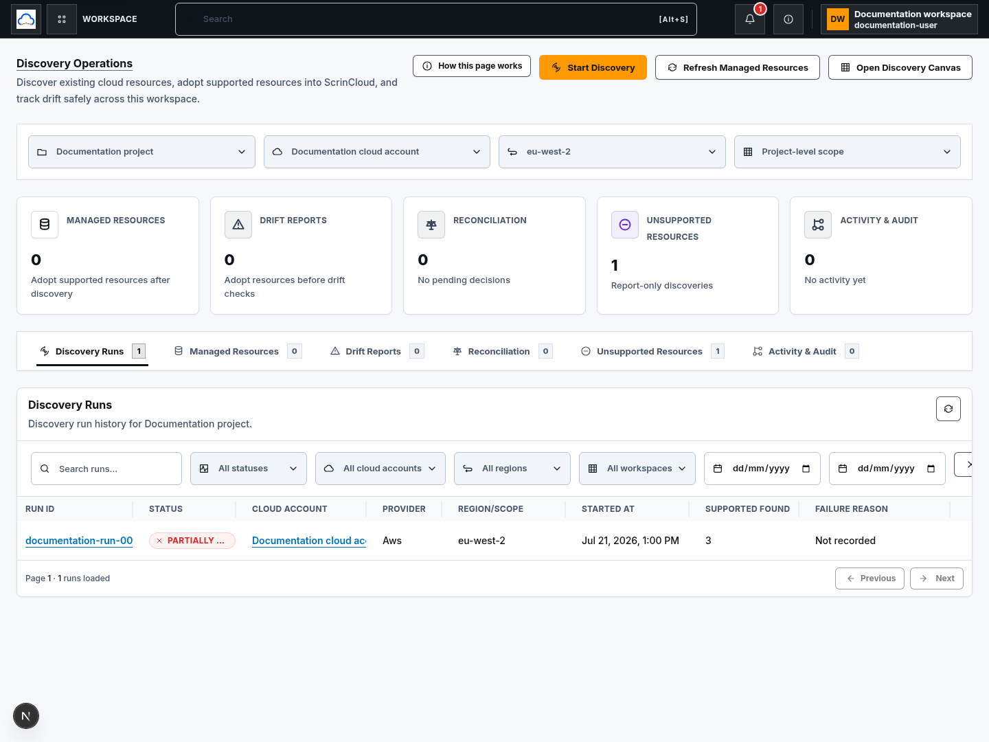 Discovery Operations with synthetic project scope, read-only account, region, workspace selection, and header actions.
