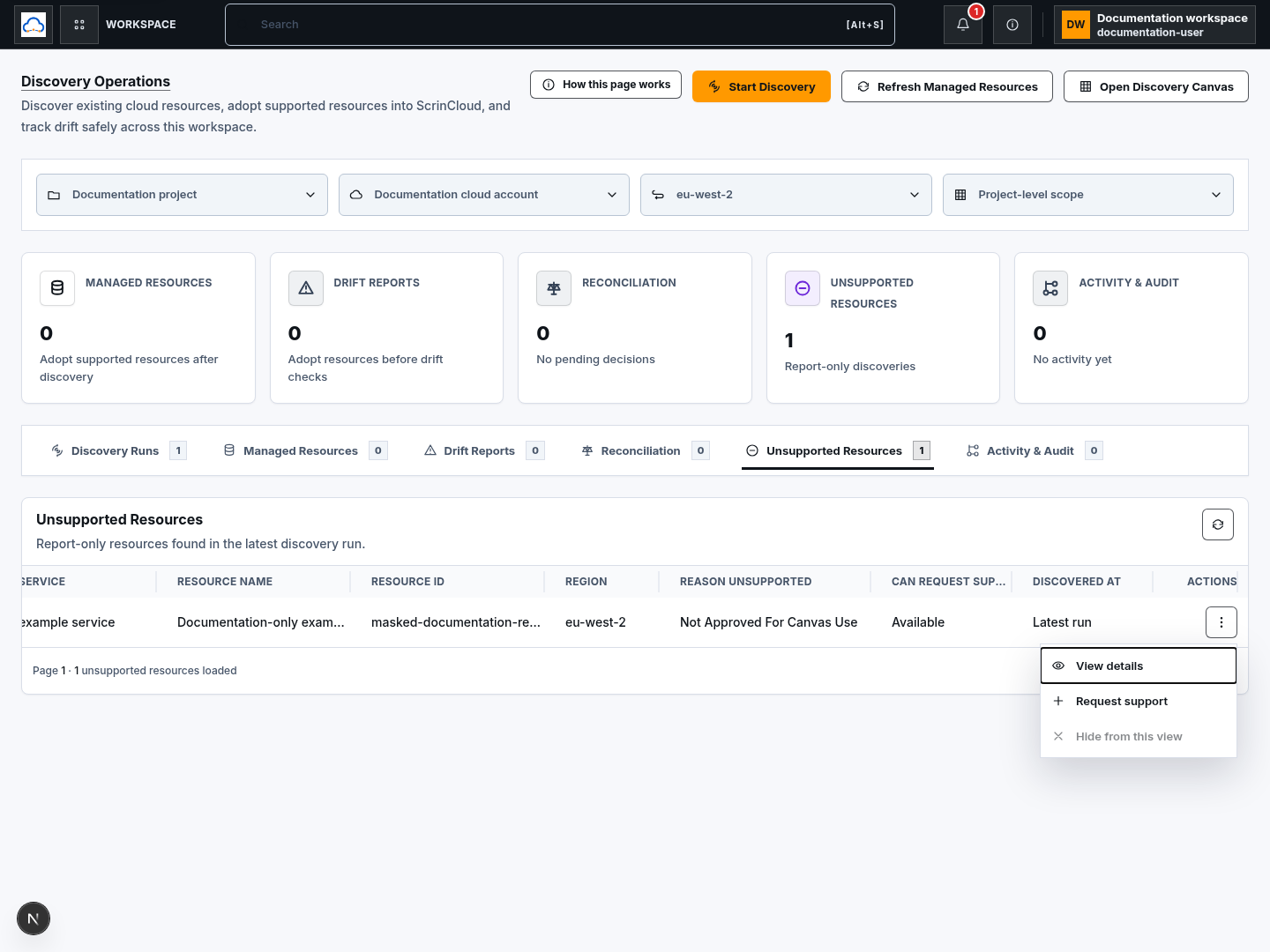 Unsupported documentation-only resource with action menu for details, support request, and disabled hide action.