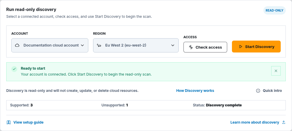 Completed Cloud Discovery summary with supported and unsupported resource counts.