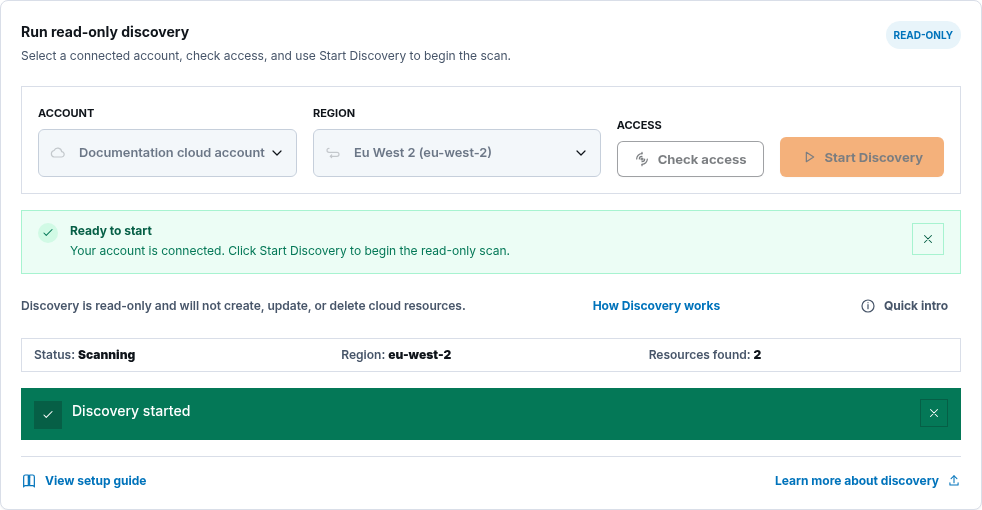 Active Cloud Discovery status showing scanning progress, region, and resources found.