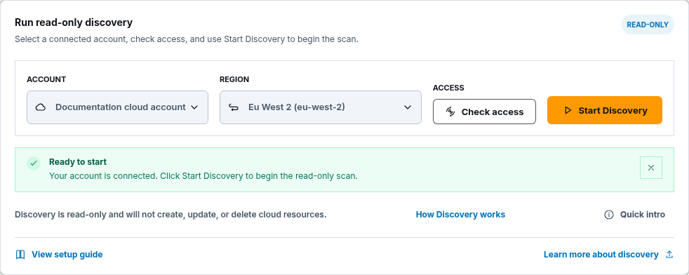 Discovery account and region controls with a ready-to-start read-only notice.