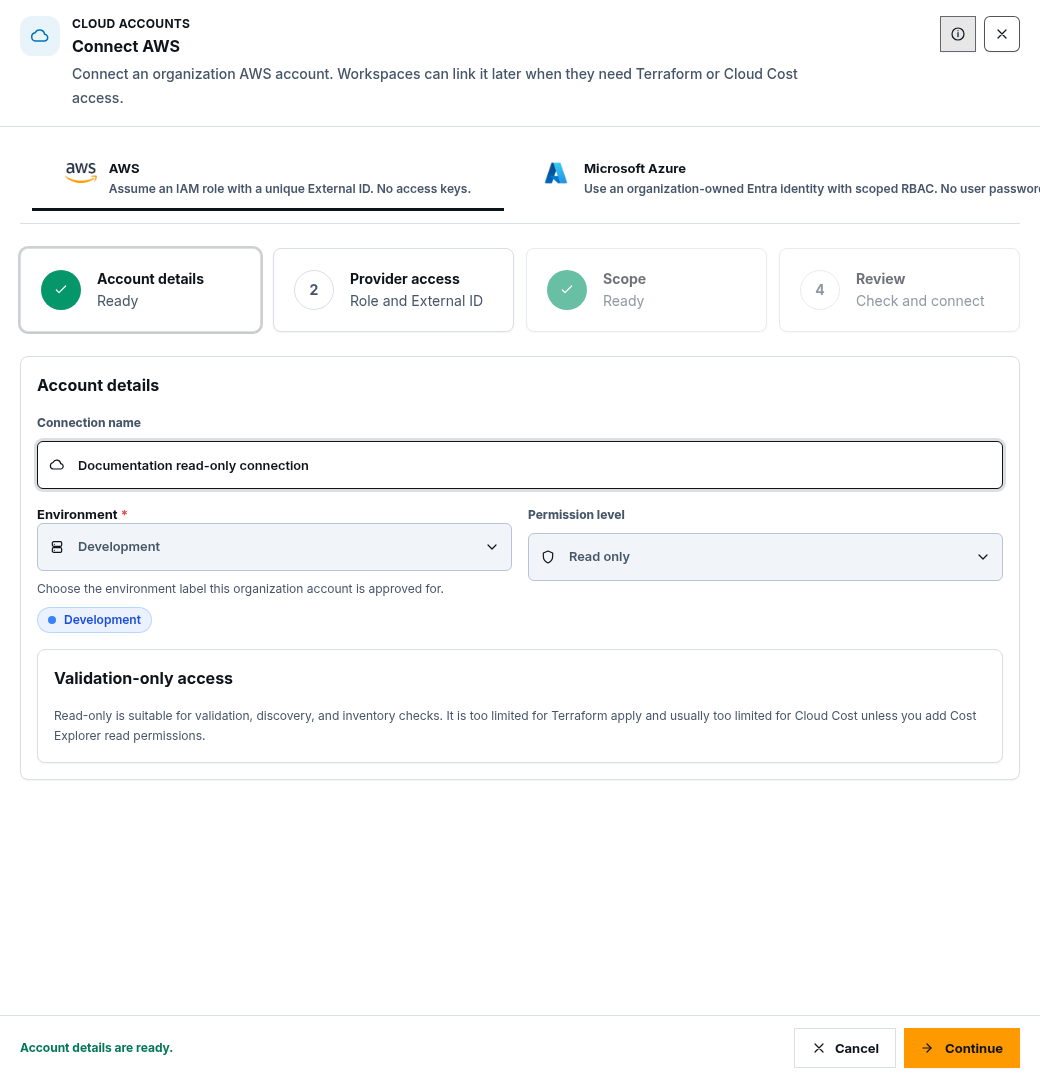 AWS cloud account setup with a documentation-only connection name and Read only permission selected.