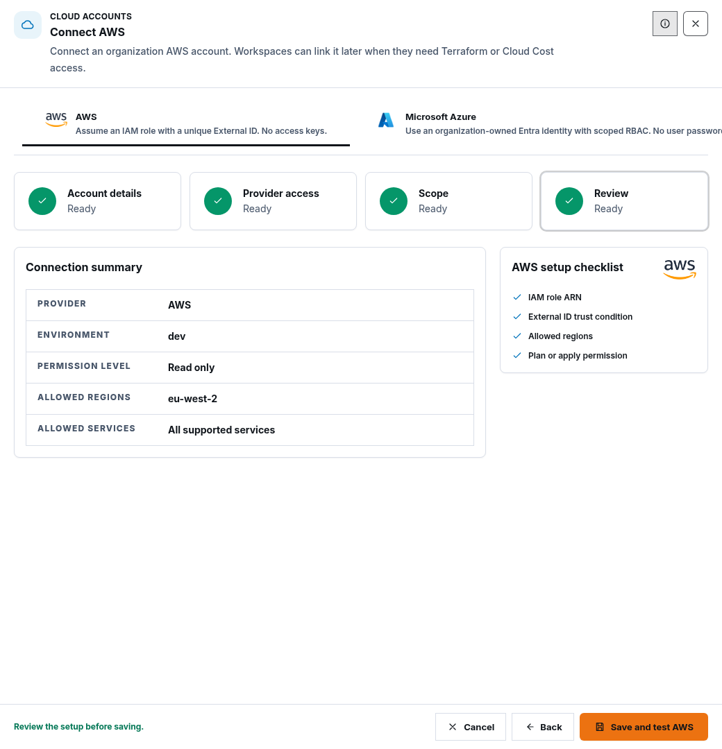 AWS connection review with Read only access, assumed role authentication, and one allowed region.