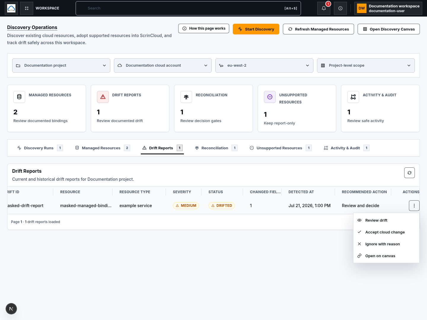 Synthetic drift-report actions offering review, accept, ignore, and canvas navigation under governed controls.