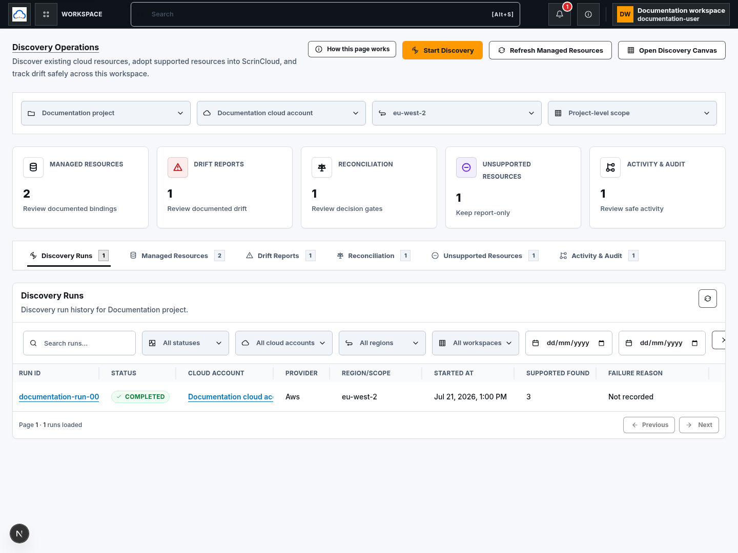 Discovery Operations scoped to a documentation project, account, region, and workspace with bounded summary cards.