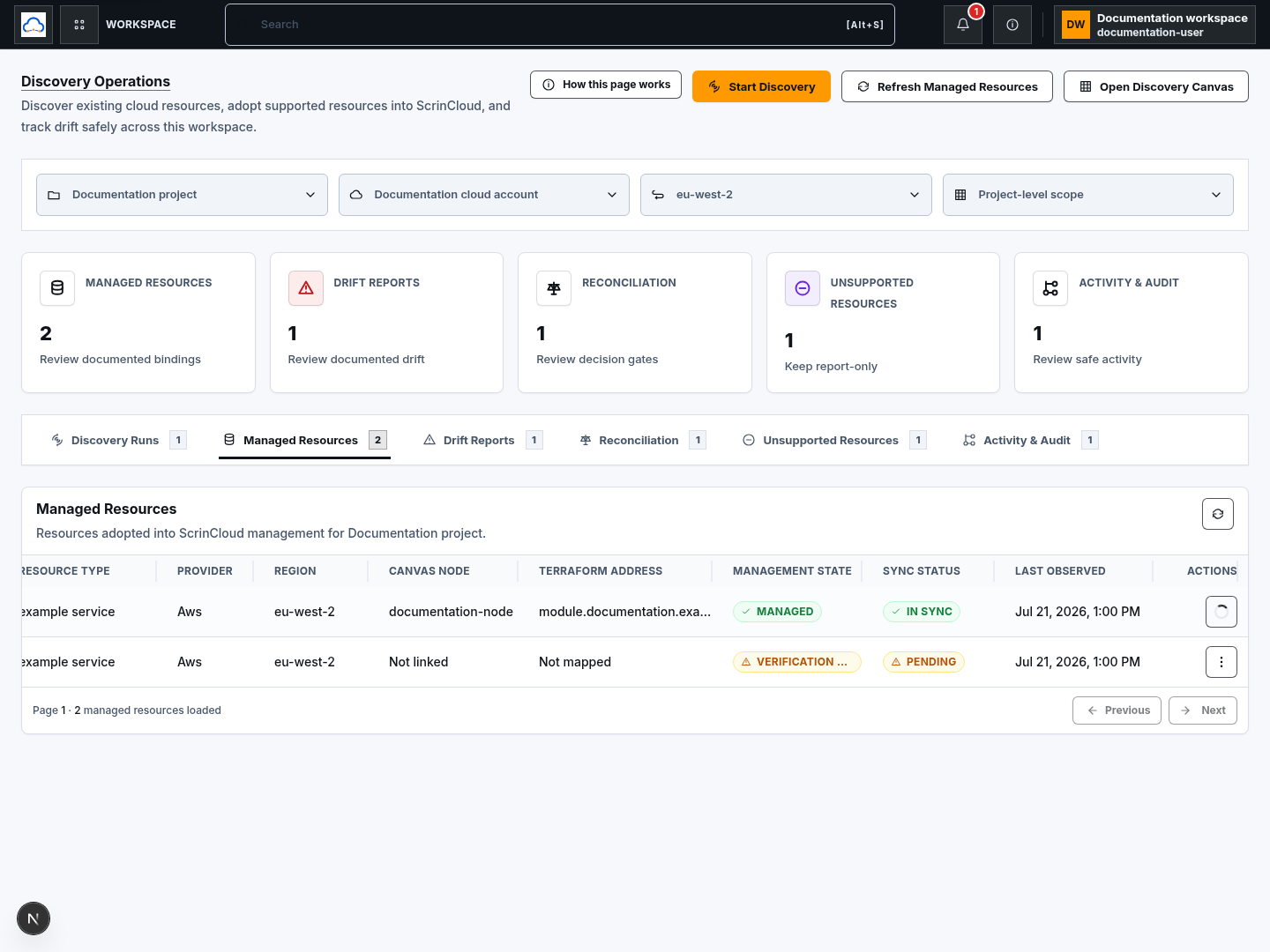 Managed documentation resource table while a refresh is in progress, with bounded sync and observed-state context.