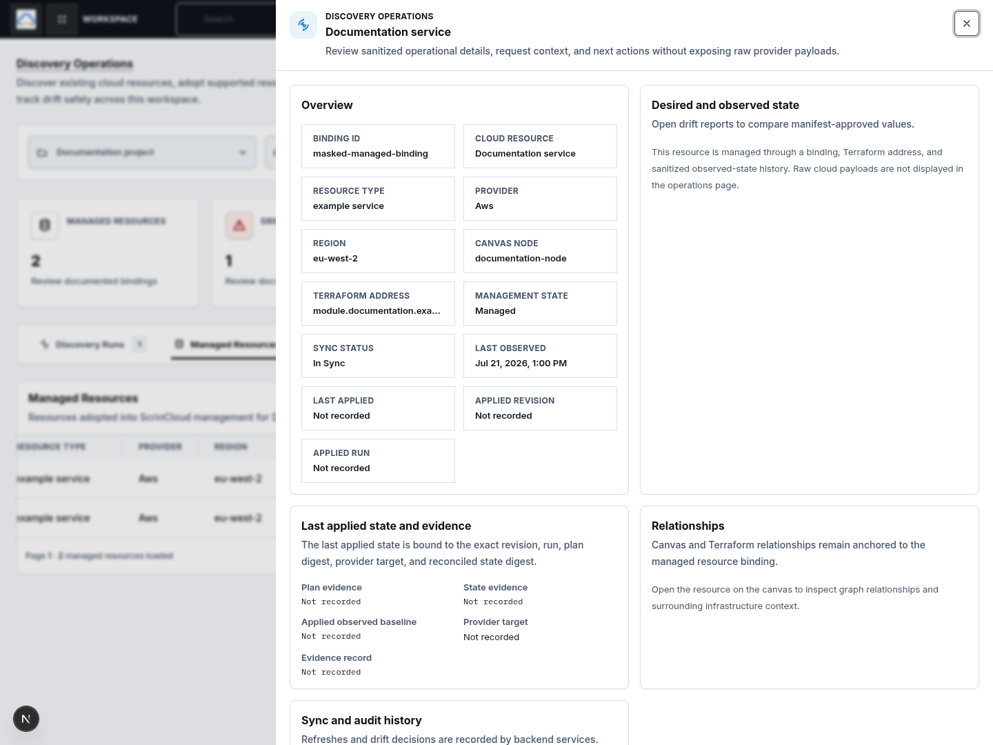 Managed documentation resource detail showing safe binding, mapping, sync, relationships, and audit guidance.