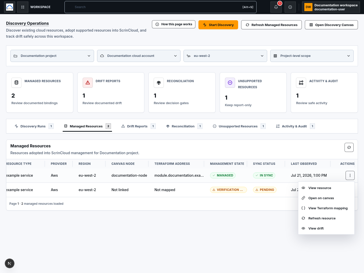 Managed documentation resources showing mapped and not-mapped examples with a row action menu.