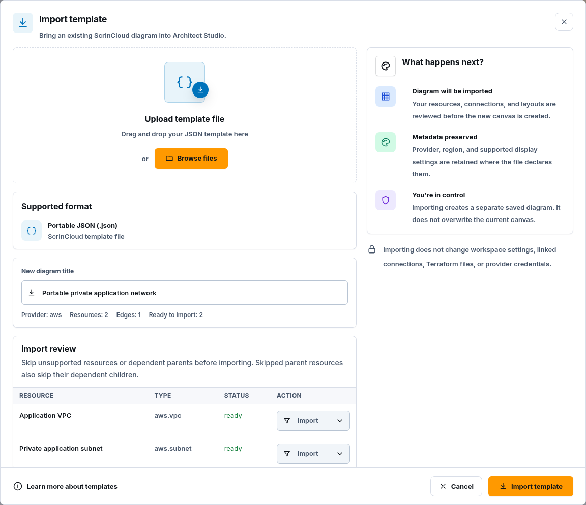 Synthetic portable diagram import preview with two reviewed network resources and import controls.