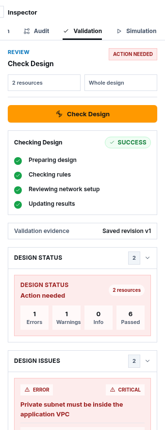 Synthetic Architecture Studio Design Status with Action needed, one error, one warning, six passed checks, and saved revision evidence