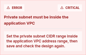 Synthetic Architecture Studio error finding stating that a private subnet must be inside the application VPC and showing its recommended fix