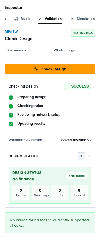 Synthetic Architecture Studio Validation Inspector with clean Design Status, eight passed checks, and saved revision v2 evidence