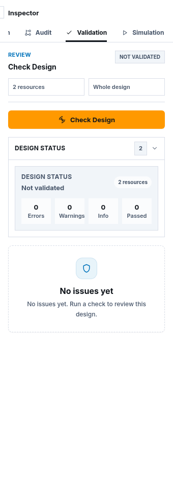 Synthetic Architecture Studio Inspector with Validation selected, Check Design, two resources, and whole-design scope