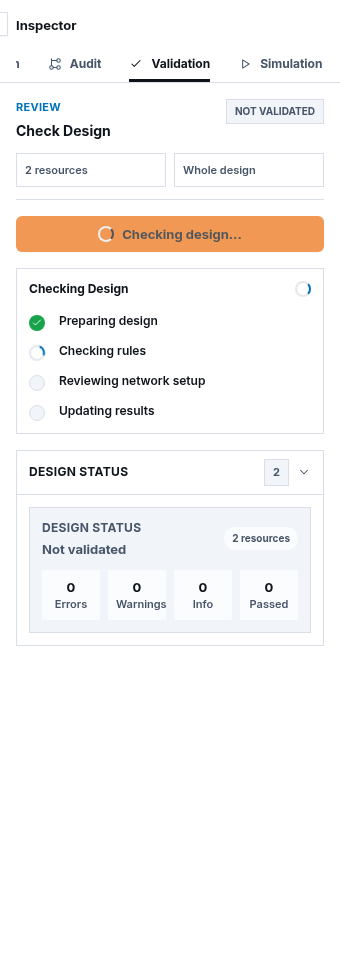 Synthetic Architecture Studio Validation Inspector with the disabled Checking design action and in-flight rule-check timeline