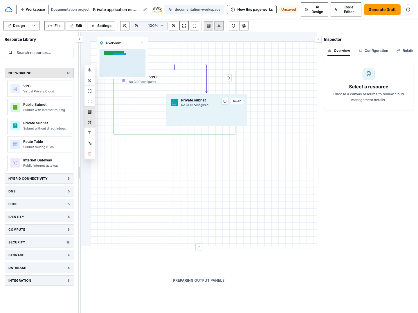 Architecture Studio resource library and two synthetic network resources on the canvas