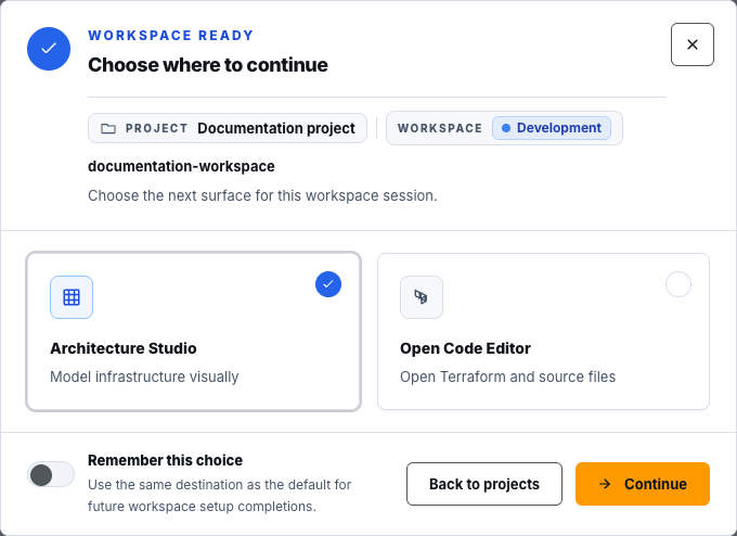 Architecture destination chooser with Architecture Studio selected