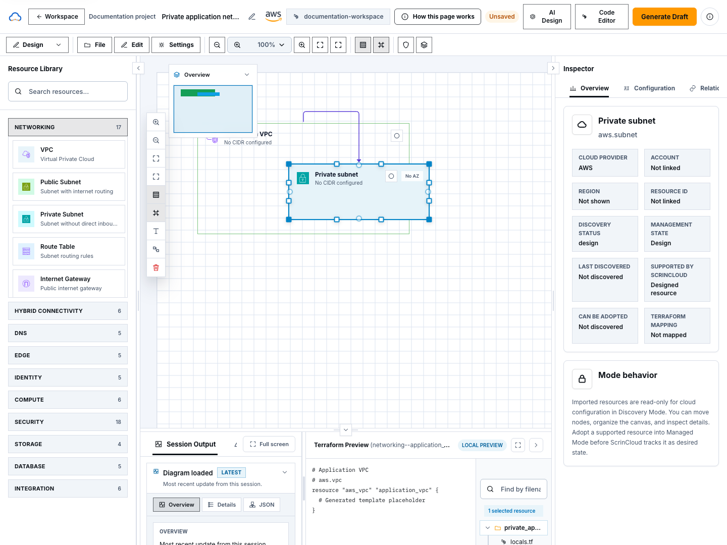 Synthetic selected subnet on the Architecture Studio canvas with safe properties in the Inspector