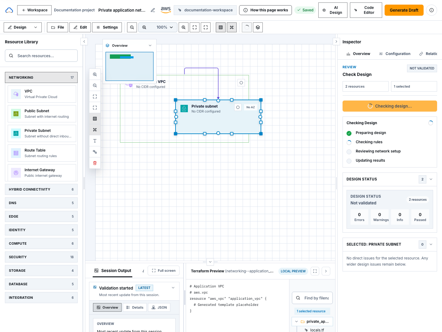 Synthetic Architecture Studio header with Saved state and validation evidence