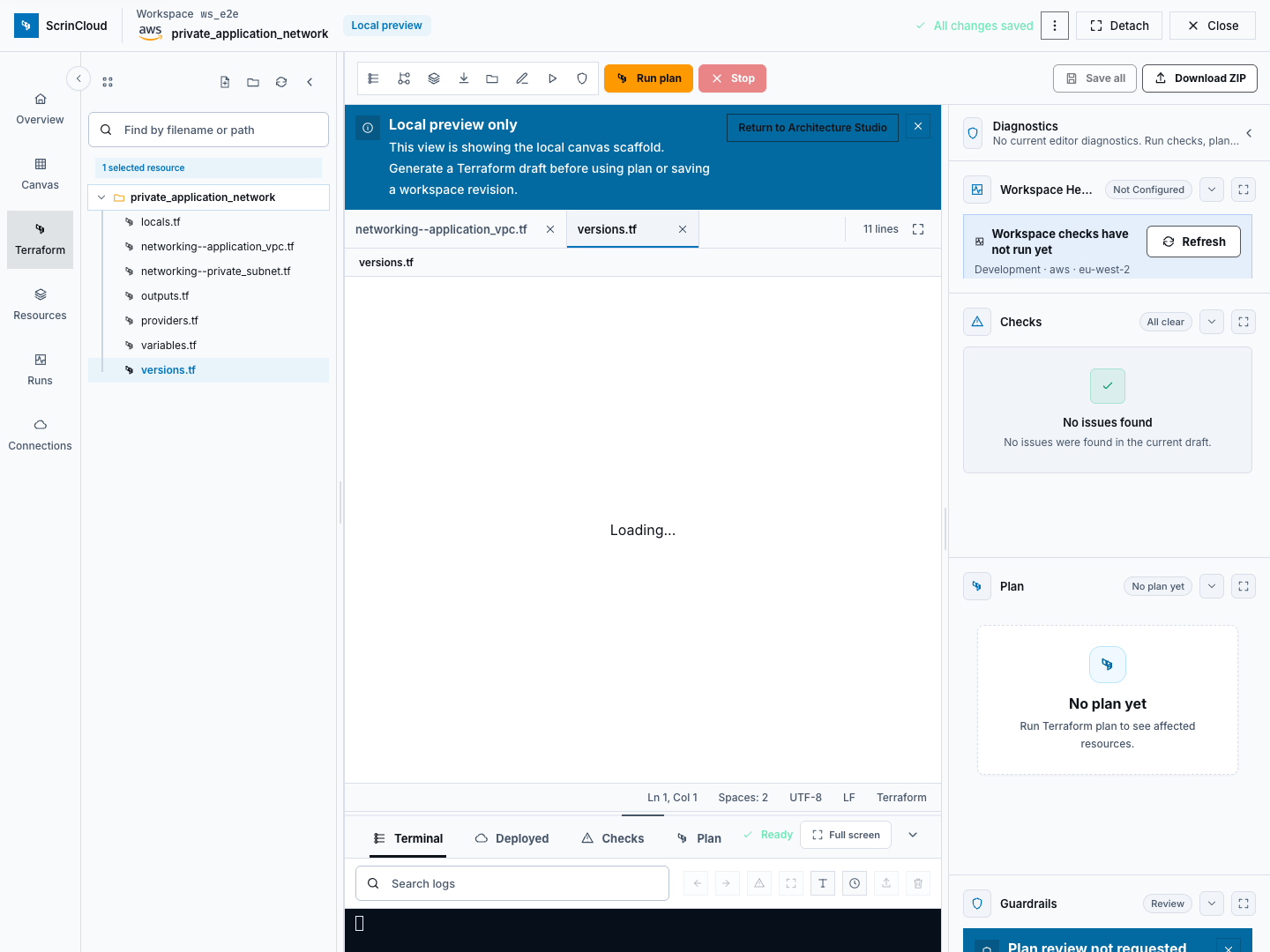 Terraform code editor governed check controls with provider connection unavailable