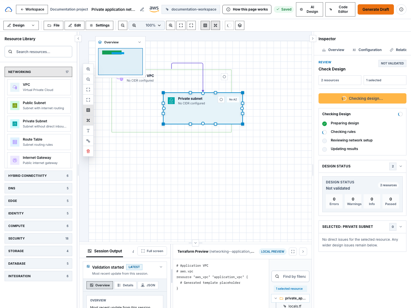Terraform draft panel prompting the user to generate files from the architecture