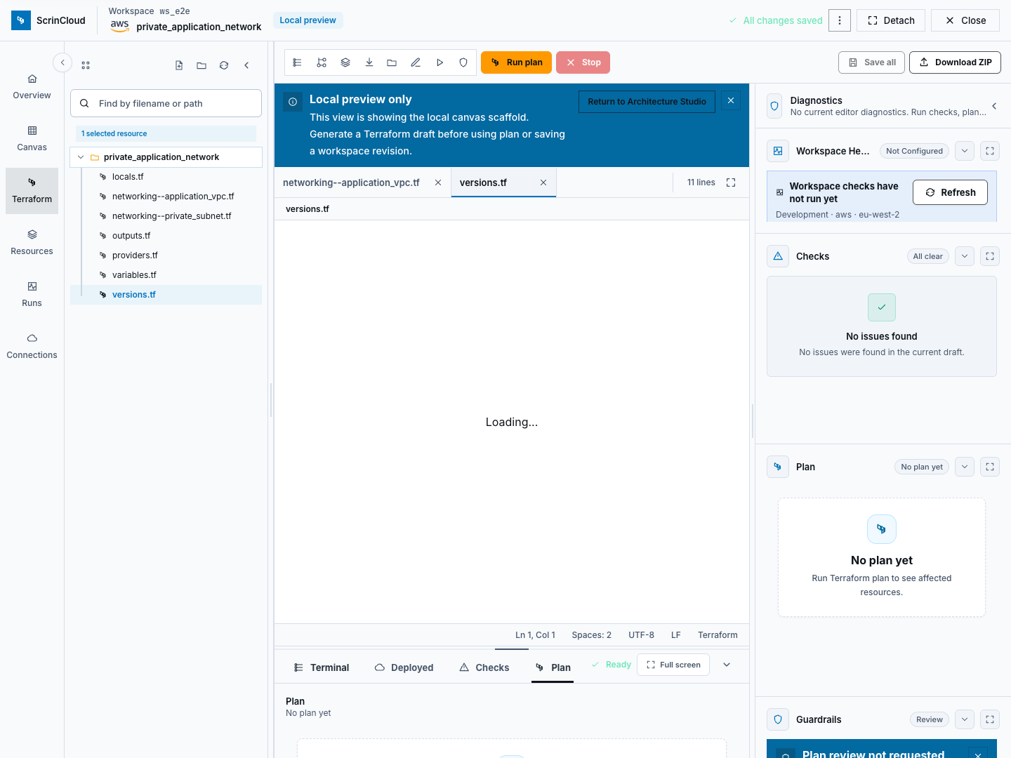 Terraform plan review area showing that no plan is available without a cloud account
