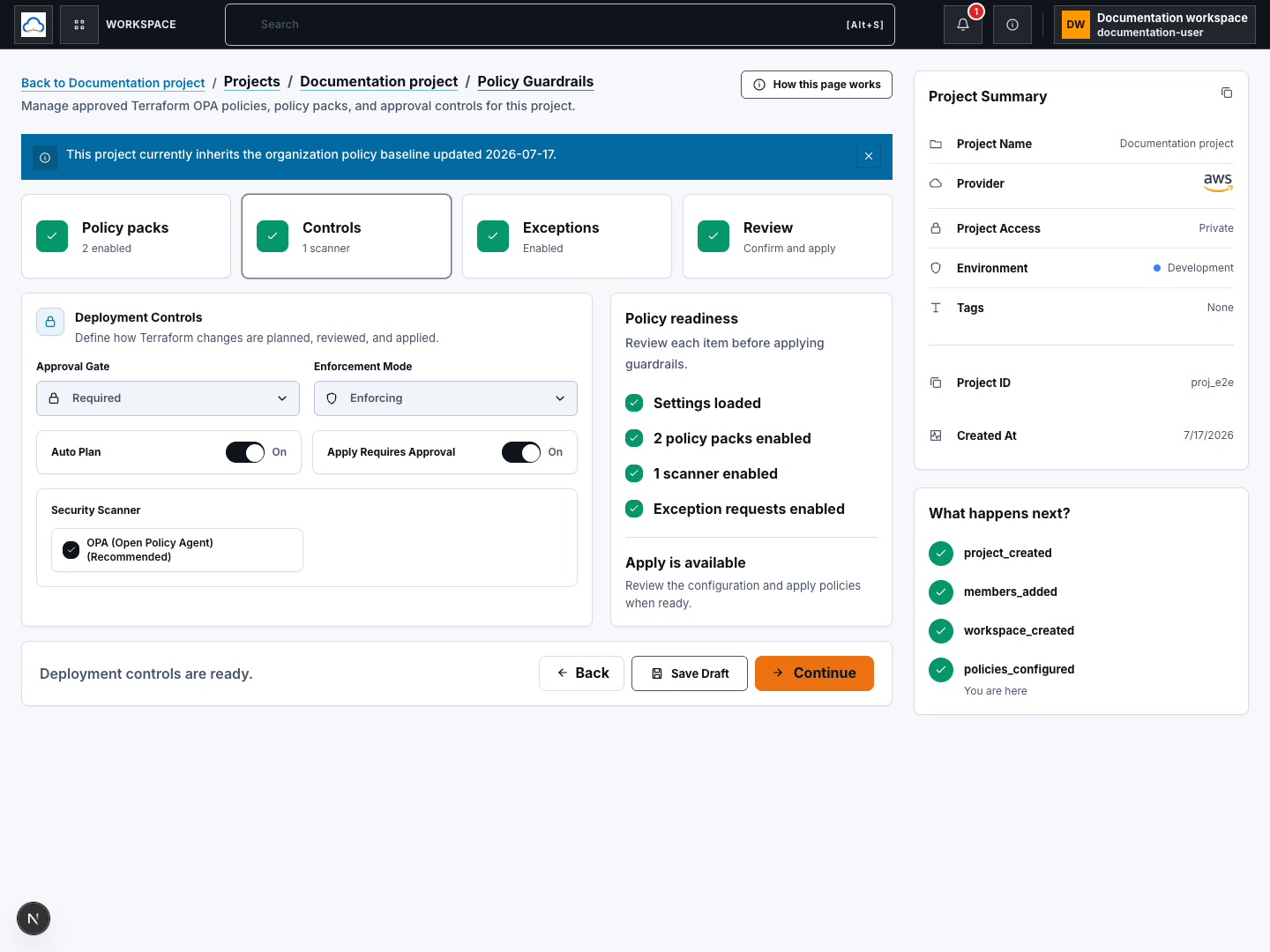 Policy deployment controls with review-oriented settings