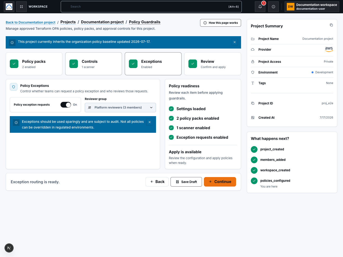 Policy exception settings with a warning that no reviewer group is available