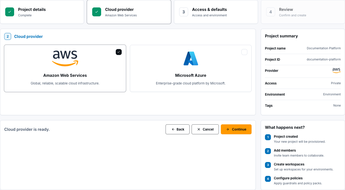 Project setup cloud provider step with AWS selected
