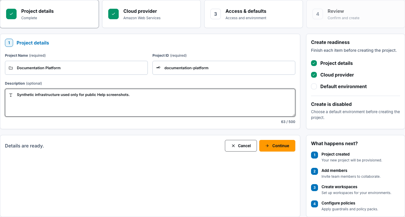 Project setup details form with synthetic project values