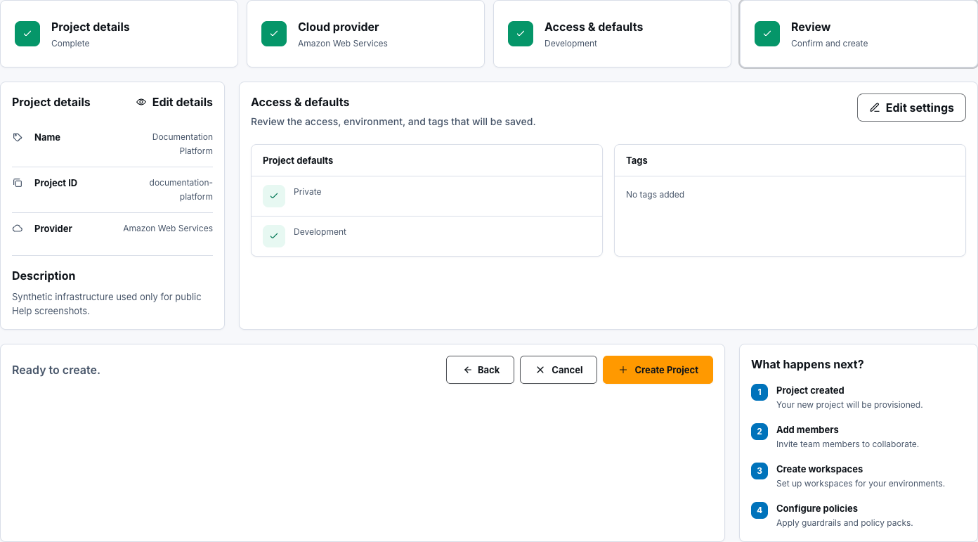 Project setup review step ready to create a synthetic project