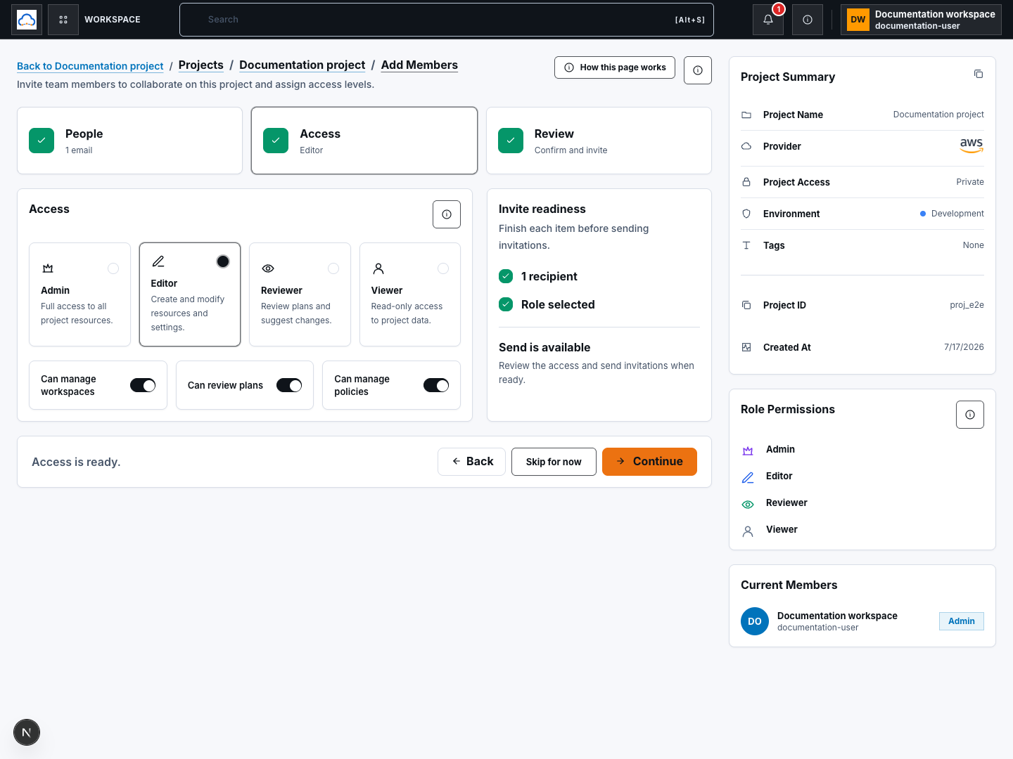 Team invitation access step with a selected role and permissions