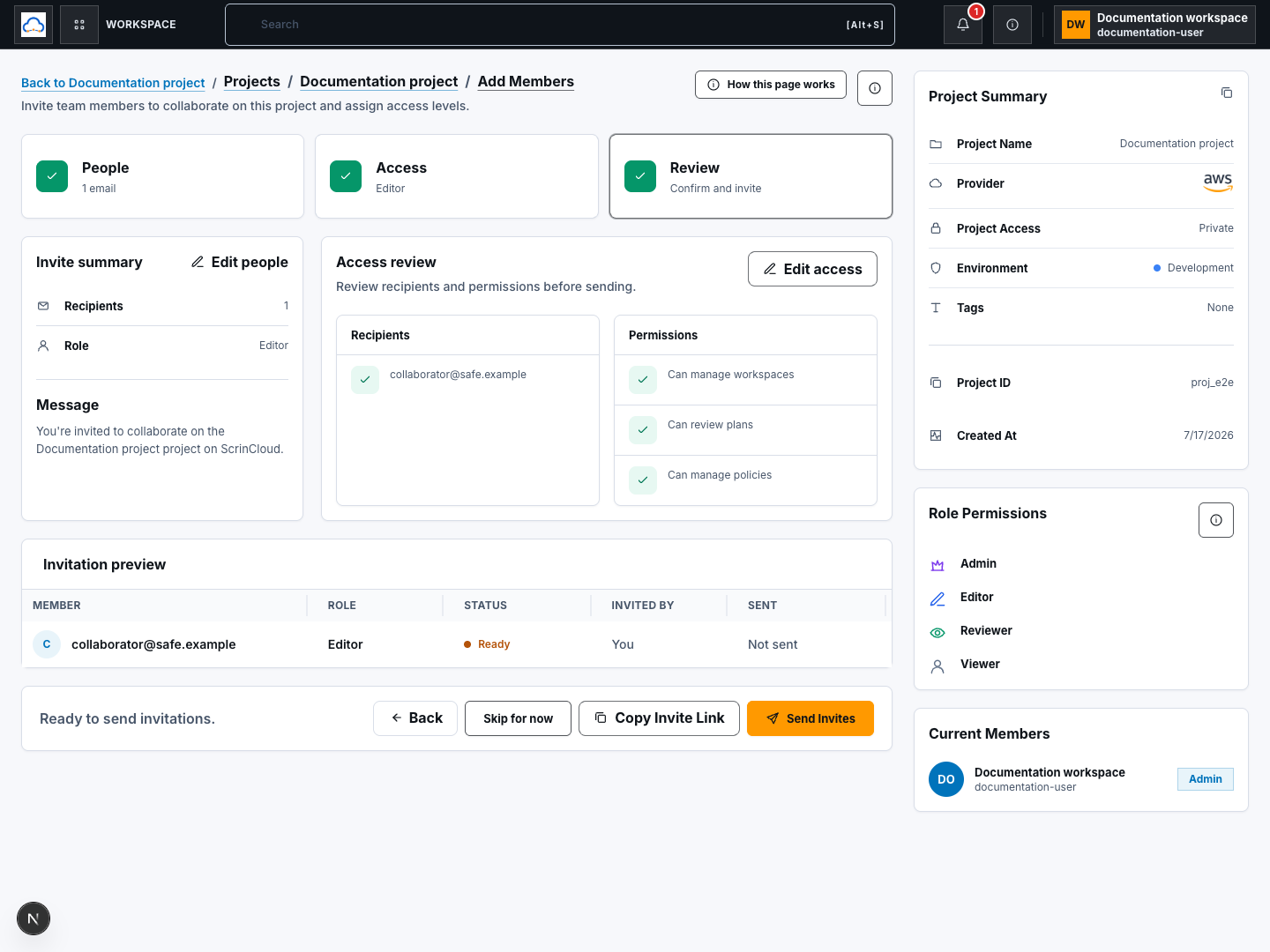 Team invitation review step with synthetic recipient and access summary