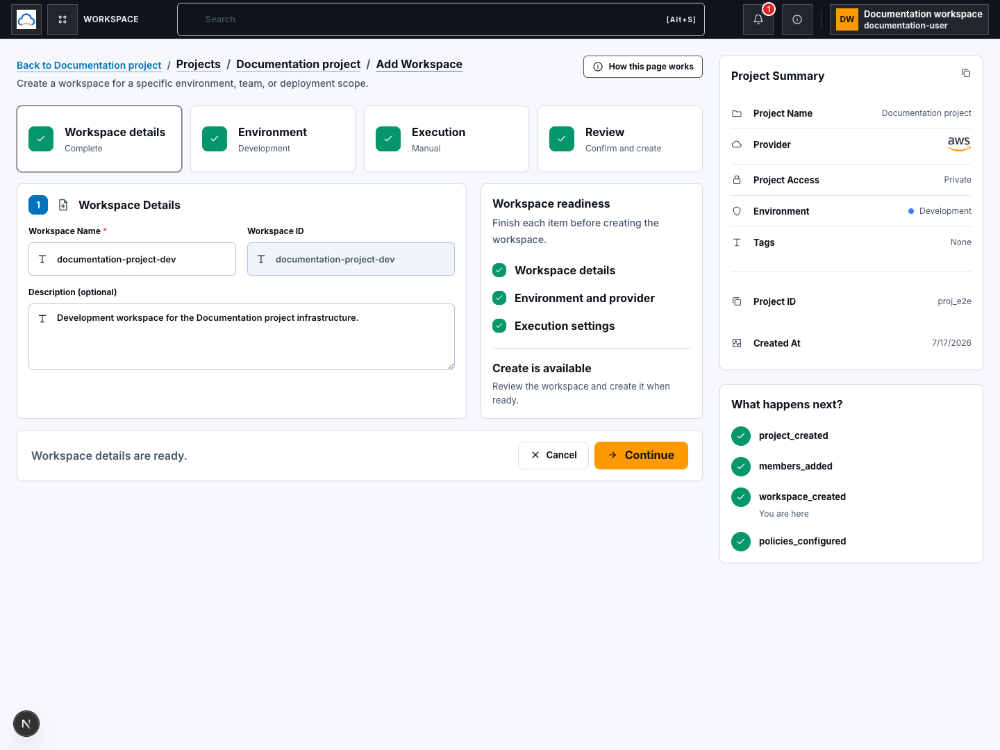 Workspace setup details step with a synthetic workspace name