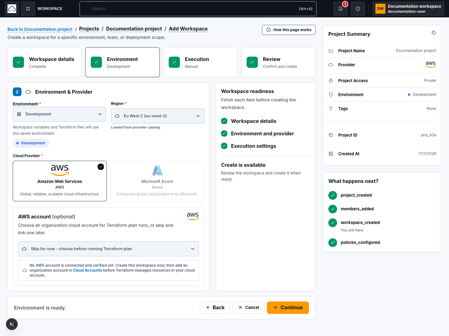 Workspace environment and provider step using AWS and a synthetic region