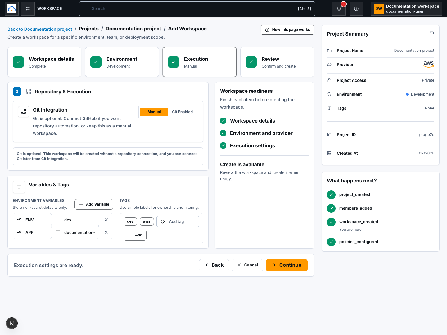 Workspace repository and execution step in manual execution mode