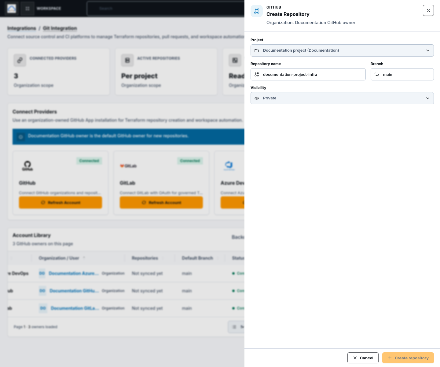Create Repository drawer with documentation-only project and private repository defaults