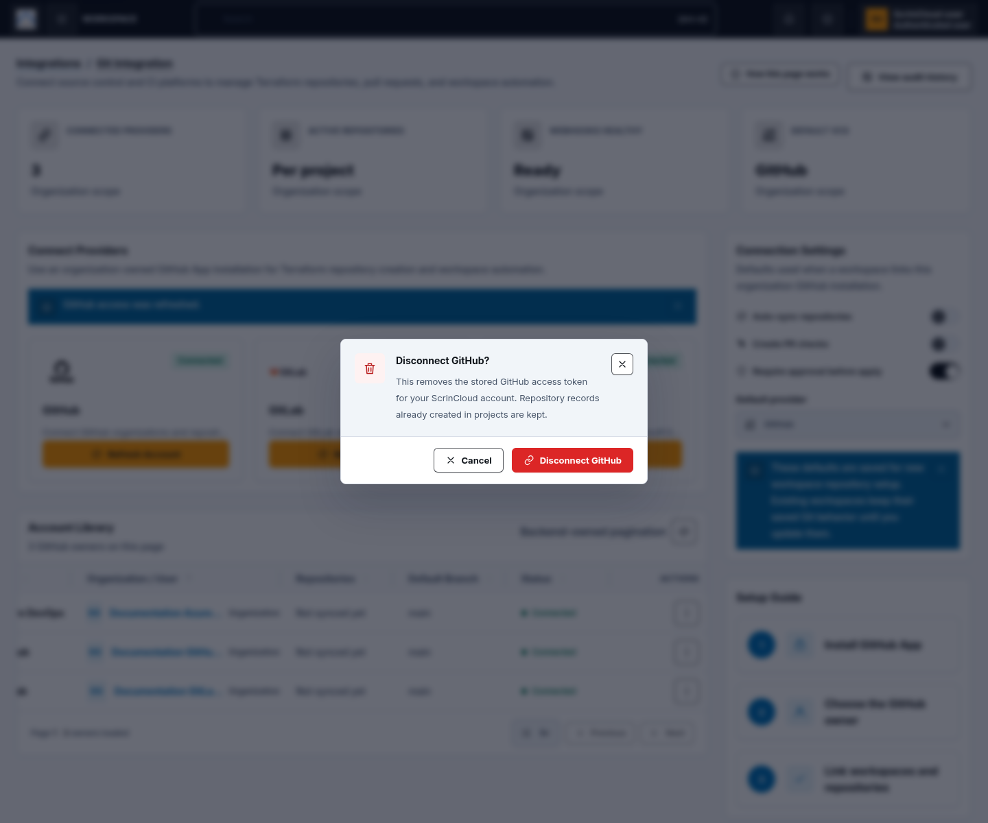 GitHub disconnect confirmation dialog in the Git Integration workspace